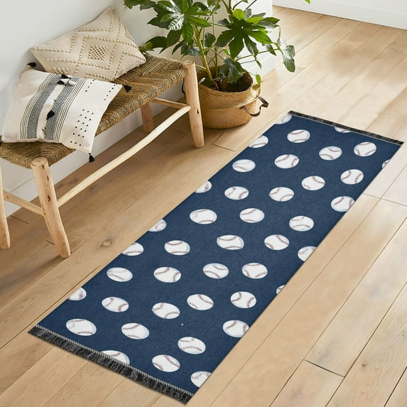 Yayeee Runner Rug for Bedroom 2'x6' Machine Washable Hallway Non Slip Mat, Navy Blue Baseball Pattern