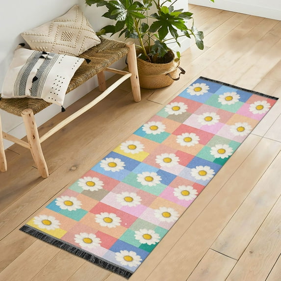 Yayeee Runner Rug for Bedroom 2'x6' Machine Washable Hallway Non Slip Mat, Pink Checkered Daisy