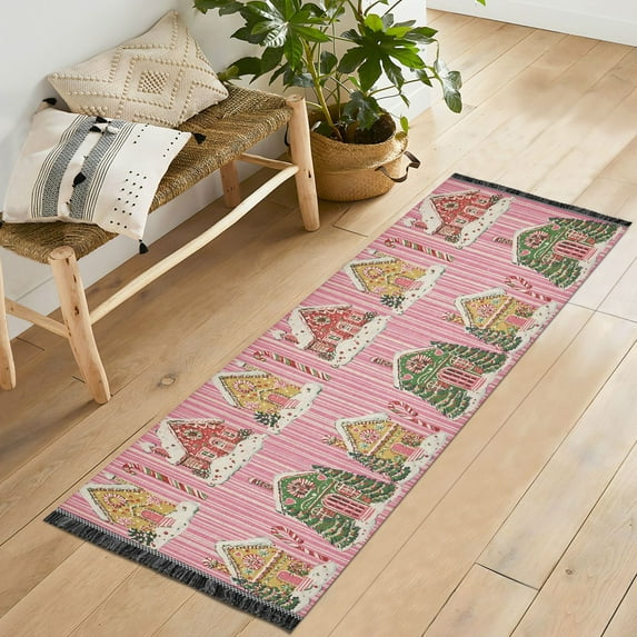 Yayeee Runner Rug for Bedroom 2'x6' Machine Washable Hallway Non Slip Mat, Pink Christmas House