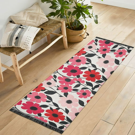 Yayeee Runner Rug for Bedroom 2'x6' Machine Washable Hallway Non Slip Mat, Pink and Red Flowers