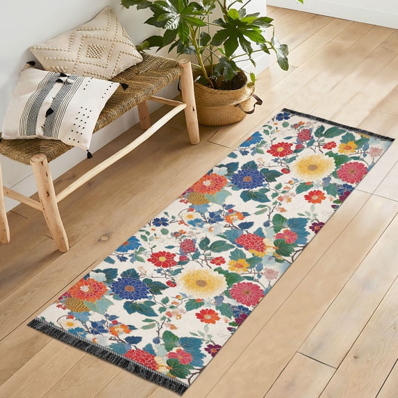 Yayeee Runner Rug for Bedroom 2'x6' Machine Washable Hallway Non Slip Mat, Red Japanese Floral Pattern