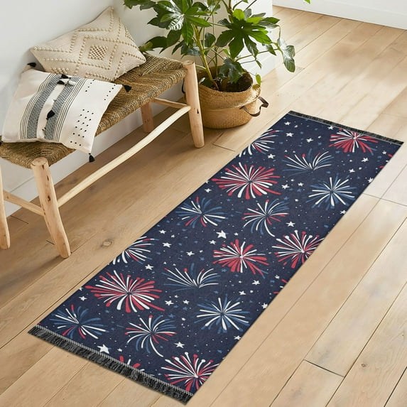 Yayeee Runner Rug for Bedroom 2'x6' Machine Washable Hallway Non Slip Mat, Red and Blue Fireworks Pattern