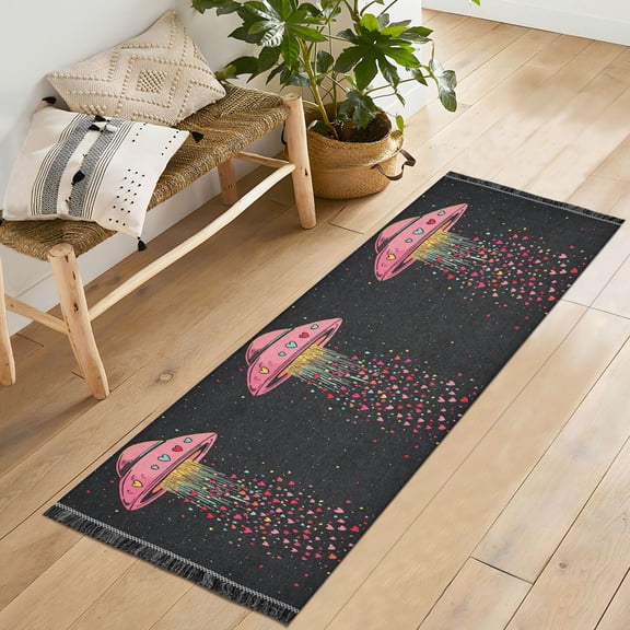 Yayeee Runner Rug for Bedroom 2'x6' Machine Washable Hallway Non Slip Mat, UFO with Hearts Pattern