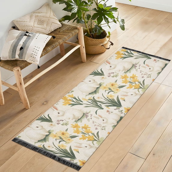 Yayeee Runner Rug for Bedroom 2'x6' Machine Washable Hallway Non Slip Mat, White Rabbits