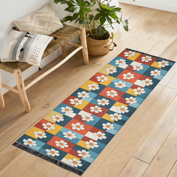 Yayeee Runner Rug for Bedroom 2'x6' Machine Washable Hallway Non Slip Mat, Yellow Checkered Daisy