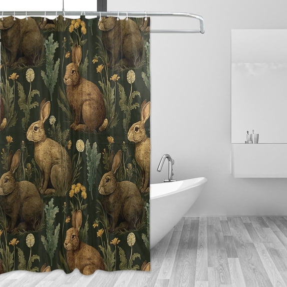 Yayeee Shower Curtain with Hooks 72"x72" Waterproof Fabric Bathroom Hanging Decor, Brown Floral Rabbits Pattern