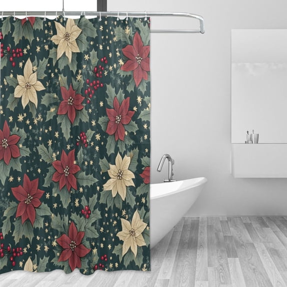 Yayeee Shower Curtain with Hooks 72"x72" Waterproof Fabric Bathroom Hanging Decor, Christmas Holly Leaves