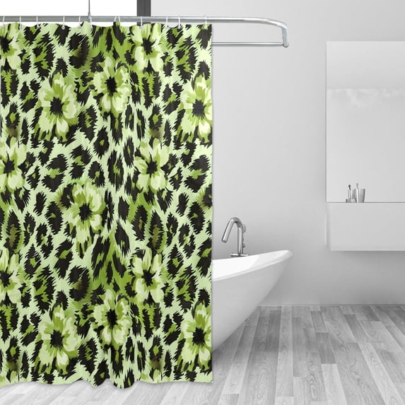 Yayeee Shower Curtain with Hooks 72"x72" Waterproof Fabric Bathroom Hanging Decor, Green Floral Leopard Pattern