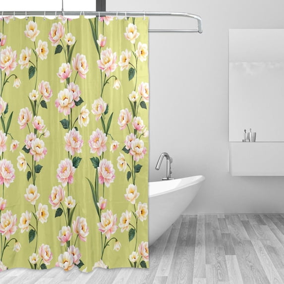 Yayeee Shower Curtain with Hooks 72"x72" Waterproof Fabric Bathroom Hanging Decor, Green Flowers Pattern