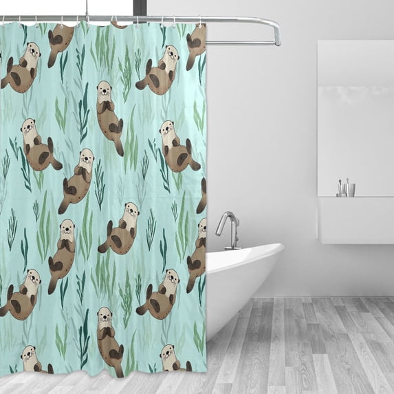 Yayeee Shower Curtain with Hooks 72"x72" Waterproof Fabric Bathroom Hanging Decor, Green Otters Pattern