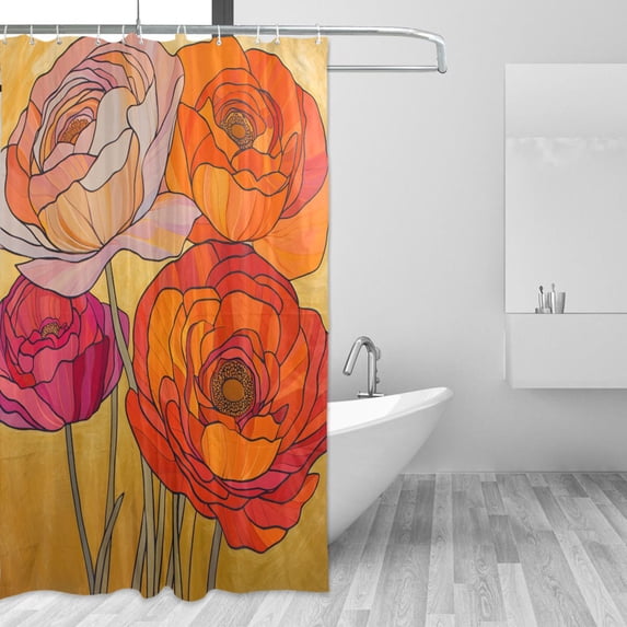 Yayeee Shower Curtain with Hooks 72"x72" Waterproof Fabric Bathroom Hanging Decor, Orange Abstract Floral