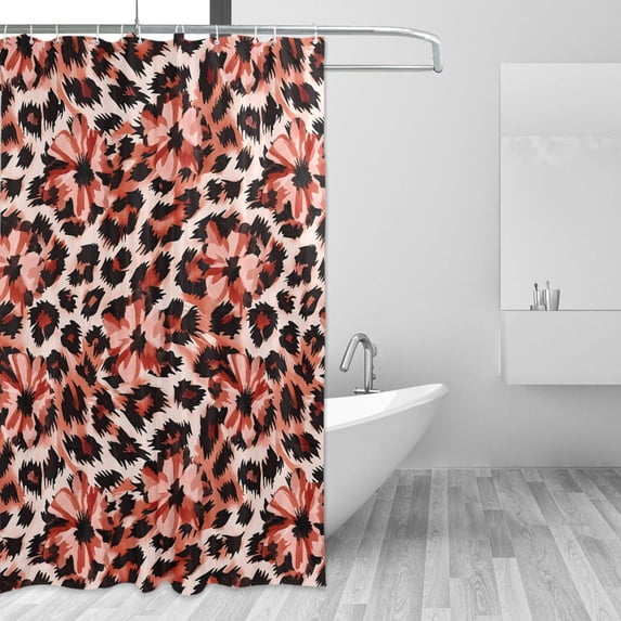 Yayeee Shower Curtain with Hooks 72"x72" Waterproof Fabric Bathroom Hanging Decor, Orange Floral Leopard Pattern