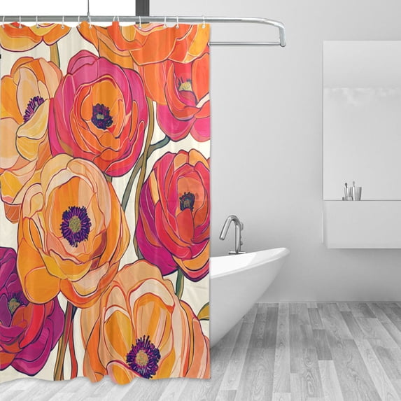 Yayeee Shower Curtain with Hooks 72"x72" Waterproof Fabric Bathroom Hanging Decor, Orange Hand Drawn Floral