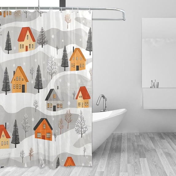 Yayeee Shower Curtain with Hooks 72"x72" Waterproof Fabric Bathroom Hanging Decor, Orange Snow Houses