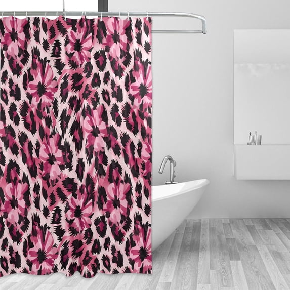 Yayeee Shower Curtain with Hooks 72"x72" Waterproof Fabric Bathroom Hanging Decor, Pink Floral Leopard Pattern