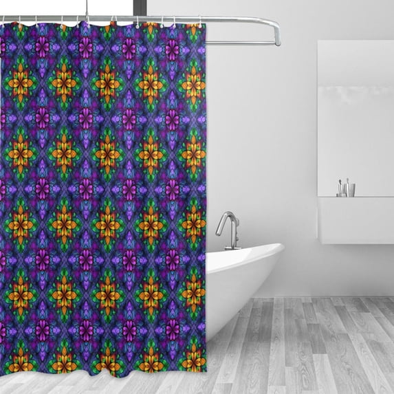 Yayeee Shower Curtain with Hooks 72"x72" Waterproof Fabric Bathroom Hanging Decor, Purple Stained Glass Pattern