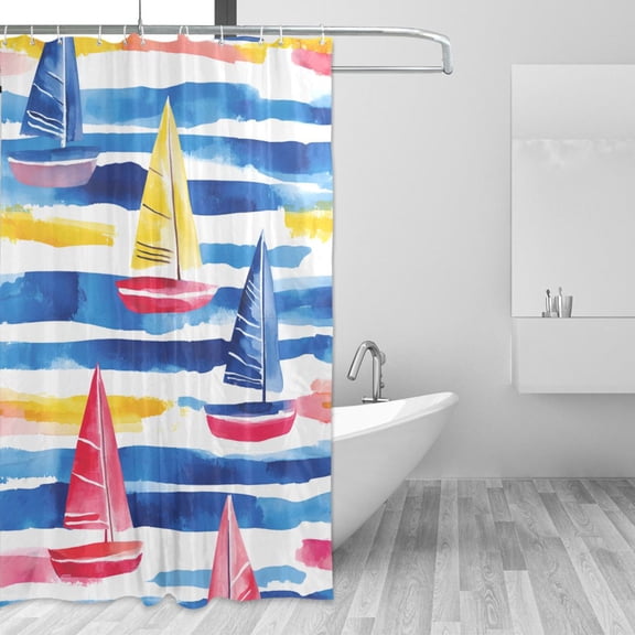Yayeee Shower Curtain with Hooks 72"x72" Waterproof Fabric Bathroom Hanging Decor, Red Hand Drawn Sailboats