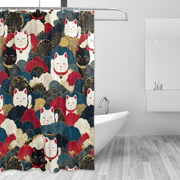 Yayeee Shower Curtain with Hooks 72"x72" Waterproof Fabric Bathroom Hanging Decor, White Lucky Cat