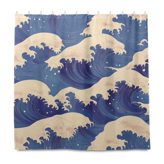 Yayeee Shower Curtain with Hooks 72"x72" Waterproof Fabric Bathroom Hanging Decor, Blue Wave Pattern