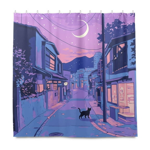 Yayeee Shower Curtain with Hooks 72"x72" Waterproof Fabric Bathroom Hanging Decor, Cat Walking in Street