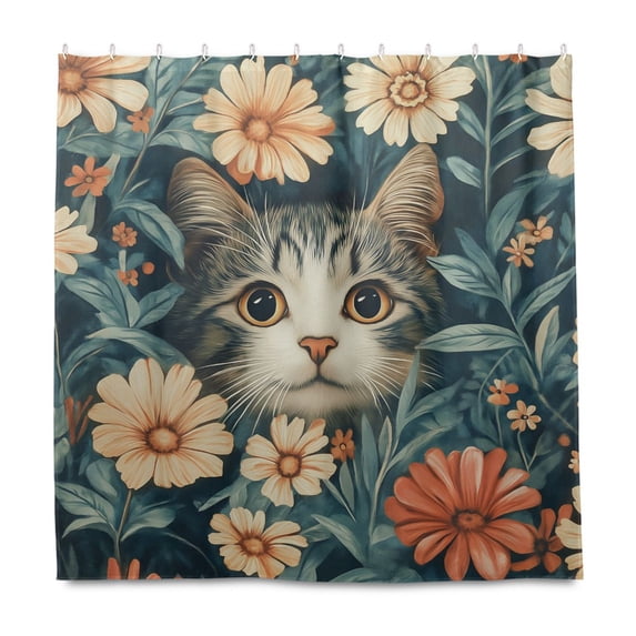 Yayeee Shower Curtain with Hooks 72"x72" Waterproof Fabric Bathroom Hanging Decor, Flowers Cat