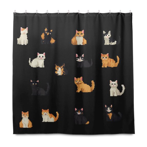 Yayeee Shower Curtain with Hooks 72"x72" Waterproof Fabric Bathroom Hanging Decor, Pixel Cat