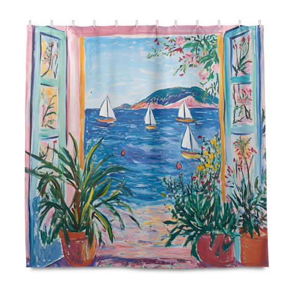 Yayeee Shower Curtain with Hooks 72"x72" Waterproof Fabric Bathroom Hanging Decor, Seaside Door