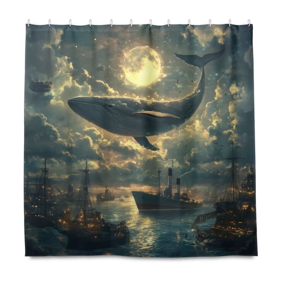 Yayeee Shower Curtain with Hooks 72"x72" Waterproof Fabric Bathroom Hanging Decor, Whale and Moon