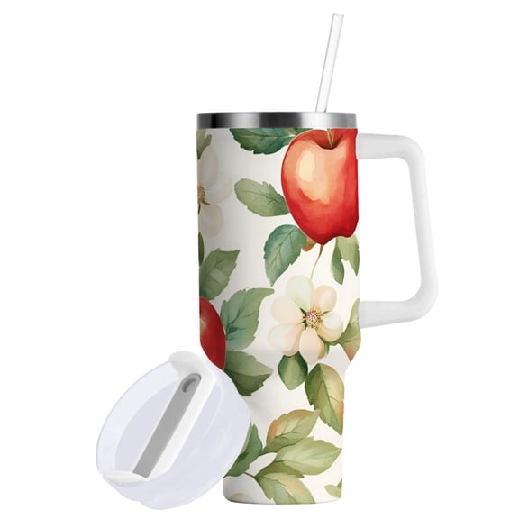 Yayeee 30oz Stainless Steel Tumbler with Straw and Handle Double-Wall Insulated Travel Water Bottle, Beige Apple Pattern