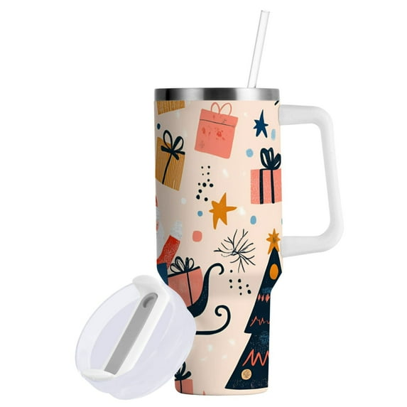 Yayeee 30oz Double-Wall Insulated Stainless Steel Tumbler with Handle Bottle, Beige Christmas Santa