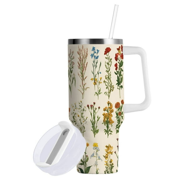 Yayeee 30oz Double-Wall Insulated Stainless Steel Tumbler with Handle Bottle, Beige Wildflowers