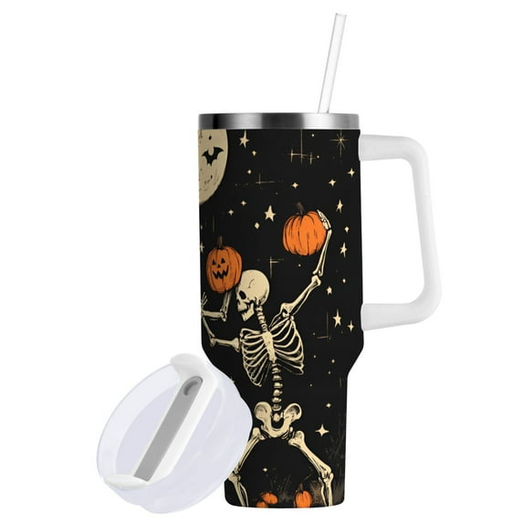 Yayeee 30oz Double-Wall Insulated Stainless Steel Tumbler with Handle Bottle, Black Halloween Dancing Skeleton
