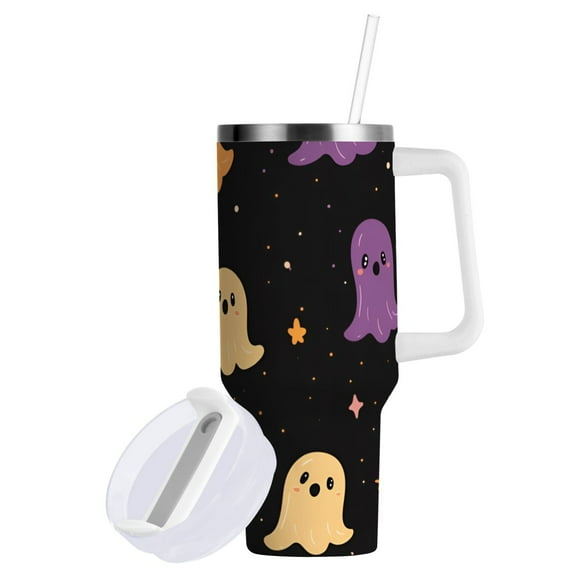 Yayeee 30oz Double-Wall Insulated Stainless Steel Tumbler with Handle Bottle, Black Halloween Ghosts