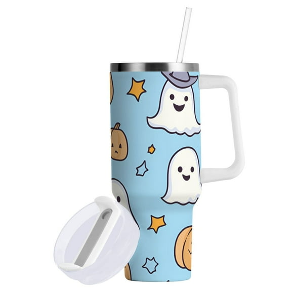 Yayeee 30oz Double-Wall Insulated Stainless Steel Tumbler with Handle Bottle, Blue Halloween Ghosts