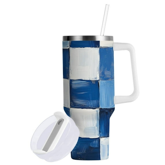 Yayeee 30oz Double-Wall Insulated Stainless Steel Tumbler with Handle Bottle, Blue and Gray Plaid Pattern