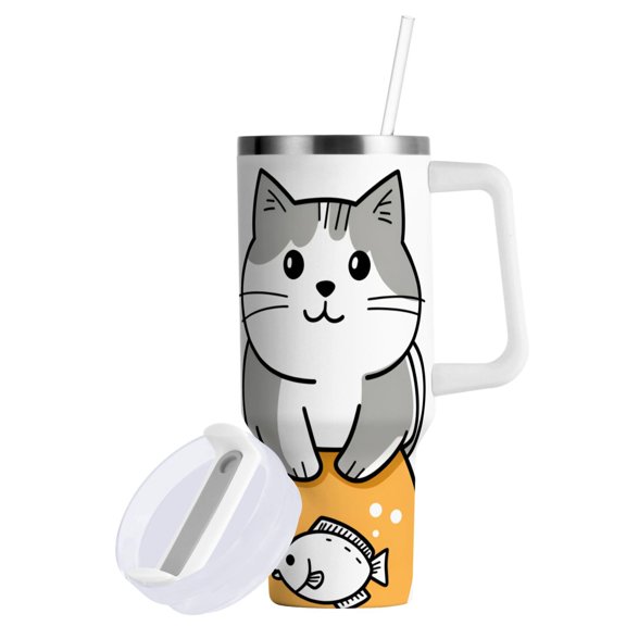 Yayeee 30oz Double-Wall Insulated Stainless Steel Tumbler with Handle Bottle, Gray Cute Cat