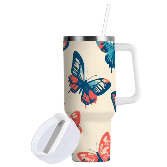 Yayeee 30oz Double-Wall Insulated Stainless Steel Tumbler with Handle Bottle, Green Butterflies