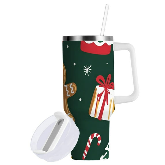 Yayeee 30oz Double-Wall Insulated Stainless Steel Tumbler with Handle Bottle, Green Christmas Gingerbread