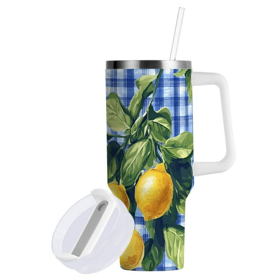 Yayeee 30oz Double-Wall Insulated Stainless Steel Tumbler with Handle Bottle, Green Lemon Plaid