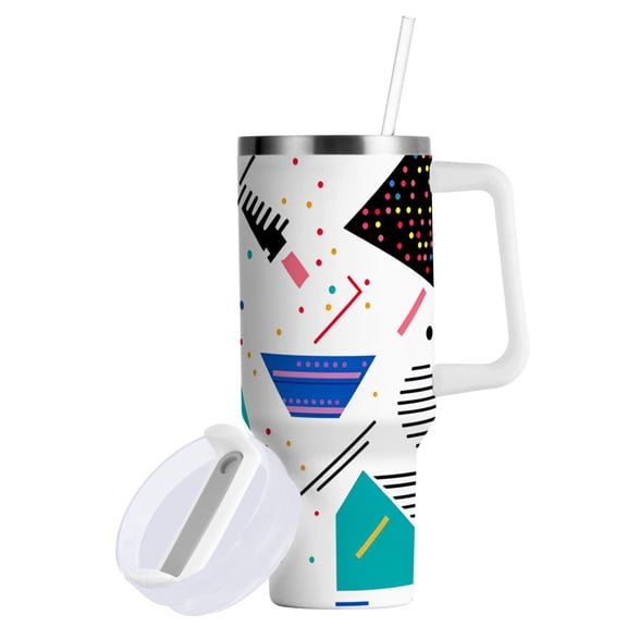 Yayeee 30oz Stainless Steel Tumbler with Straw and Handle Double-Wall Insulated Travel Water Bottle, Green Retro Triangles