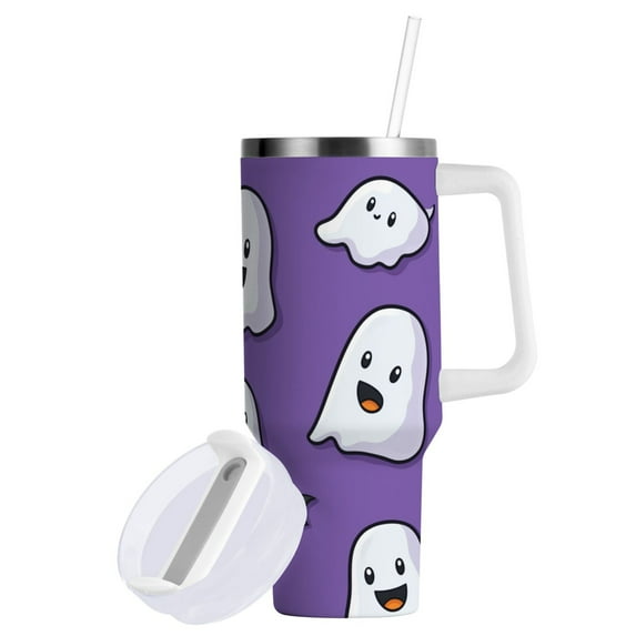 Yayeee 30oz Double-Wall Insulated Stainless Steel Tumbler with Handle Bottle, Halloween Ghosts Purple