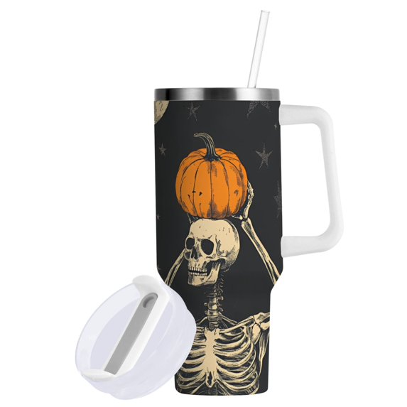Yayeee 30oz Double-Wall Insulated Stainless Steel Tumbler with Handle Bottle, Halloween Skeleton Moon