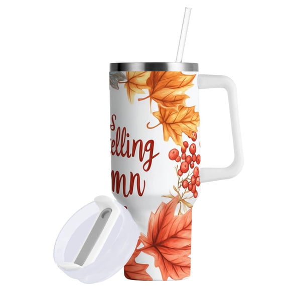 Yayeee 30oz Stainless Steel Tumbler with Straw and Handle Double-Wall Insulated Travel Water Bottle, Leaves Pattern