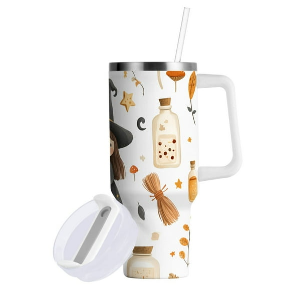 Yayeee 30oz Double-Wall Insulated Stainless Steel Tumbler with Handle Bottle, Magical Halloween Girl