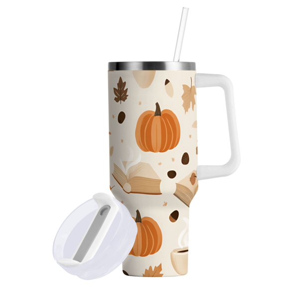 Yayeee 30oz Stainless Steel Tumbler with Straw and Handle Double-Wall Insulated Travel Water Bottle, Orange Fall Pumpkin