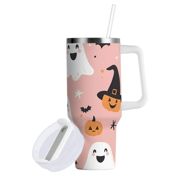 Yayeee 30oz Double-Wall Insulated Stainless Steel Tumbler with Handle Bottle, Pastel Pink Halloween