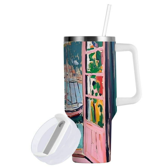 Yayeee 30oz Stainless Steel Tumbler with Straw and Handle Double-Wall Insulated Travel Water Bottle, Pink Door