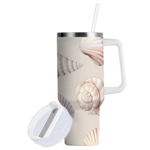 Yayeee 30oz Double-Wall Insulated Stainless Steel Tumbler with Handle Bottle, Purple Watercolor Seashells