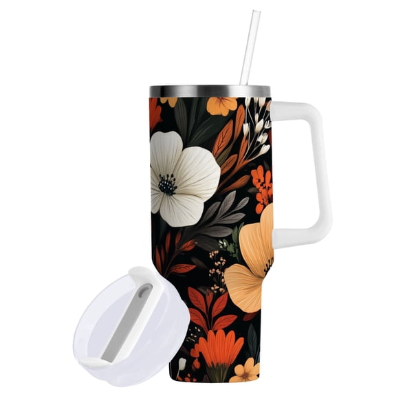 Yayeee 30oz Stainless Steel Tumbler with Straw and Handle Double-Wall Insulated Travel Water Bottle, Red Flowers Pattern