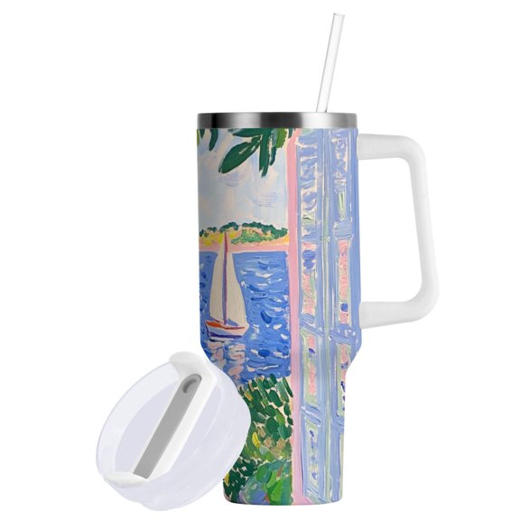 Yayeee 30oz Double-Wall Insulated Stainless Steel Tumbler with Handle Bottle, Seaside Boat